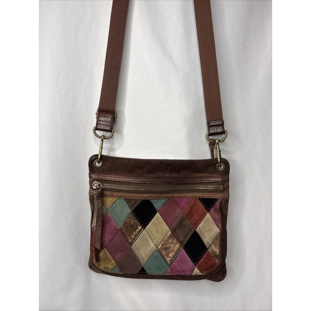 Fossil Suede Diamond Patchwork Multicolor Adj Strap Crossbody Hippie Boho Purse